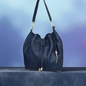 Vince Camuto Navy Leather With Gold Hardware Drawstring Bucket Bag EUC